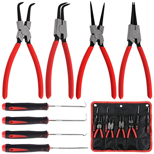 Keadic 8 Pcs 9 Heavy Duty External Snap Ring Pliers and Precision Hooks Set with Storage Bag, Circlip Pliers Set with Straight/Bent Jaw for Car Ring Hose Remover