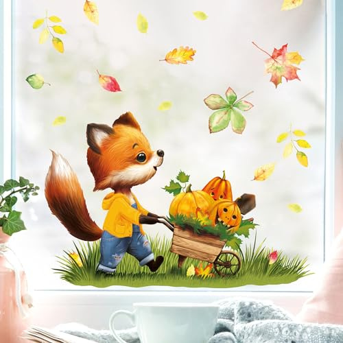 Fensterbild Herbst Herbstblätter Fuchs mit Schubkarre mit Kürbissen Halloween bunt wiederverwendbare Fensteraufkleber Kinderzimmer Baby Kind, A4 Bogen