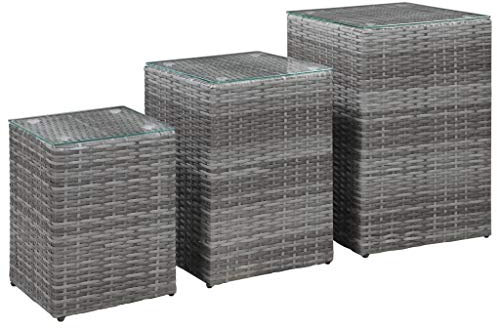 Gecheer Beistelltische 3 STK. mit Glasplatte Couchtisch Teetisch Esstisch Gartentisch Balkontisch Terrassentisch Gartenmöbel Tisch Outdoor Außentisch Rattantisch Grau Poly Rattan