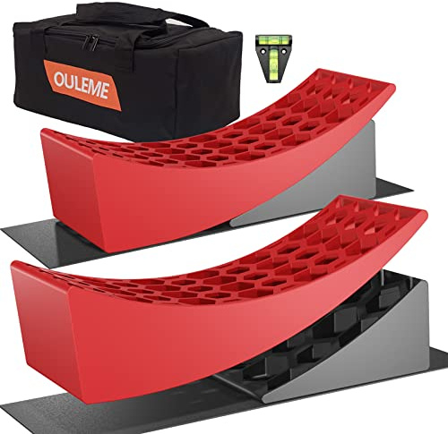 OULEME RV Leveling Blocks, Camper Trailer Leveler, 2 Packs for Travel Trailer Motorhome, Include 2 Curved Leveler Ramp, 2 Chock, 2 Rubber Mat, 1 T Bubble Level, 1 Carry Bag