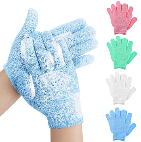 WLLHYF 4 Pairs Exfoliating Gloves, Bath and Body Exfoliator Mitten Double Sided Microfibre Shower Gloves Natural Loofah Washcloth Dead Skin Remover Scrubs Gloves for Adults and Kids