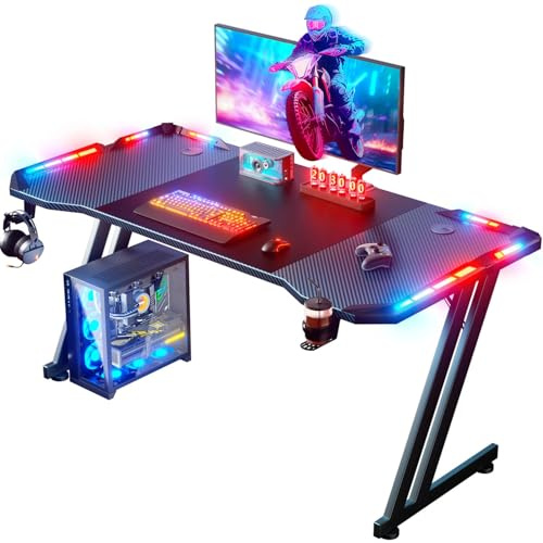 HLFURNIEU Bureau Gaming avec LED, 140 x 60 cm, Ergonomique, Noir | Surface en Fibre de Carbone, Porte-Gobelet, Crochet pour Casque, Passe-Câbles, Facile à Assembler