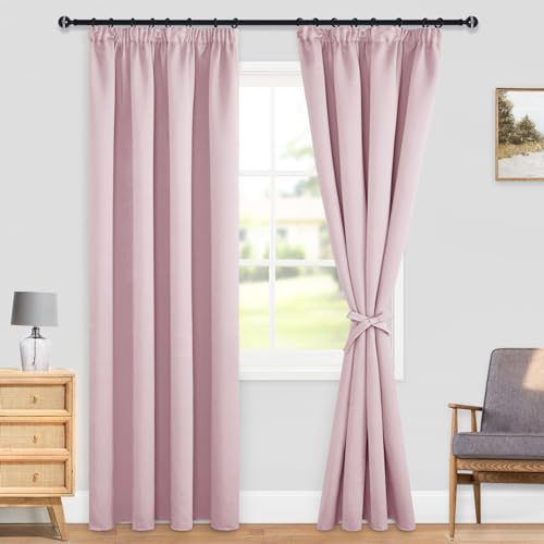 DWCN Gardinen Verdunkelungsvorhänge Kräuselband Thermogardine Kälteschutz | 225x140cm(HöhexBreite), Blush Pink, 2er Set, Blickdichte Vorhänge mit Krawatten Akustikvorhang Vorhangschiene Kinderzimmer