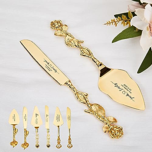 Munidow Personalized Cake Knife and Server Wedding Cake Knife and Server Set Gold Cake Cutting Set Custom Wedding Cutlery for a Perfect Cake Cutting Ceremony (C - Romantic Rose Suit)