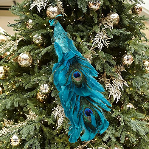 JUOPZKENN 2 Stück Künstliche Pfauen-Weihnachtsdekorationen, Blaue Pfauendekoration für Weihnachtsschmuck, Gefälschter Pfau mit Langen Schwanzfedern Zum Basteln mit Clip, Baumschmuck für Zuhause,(#1)