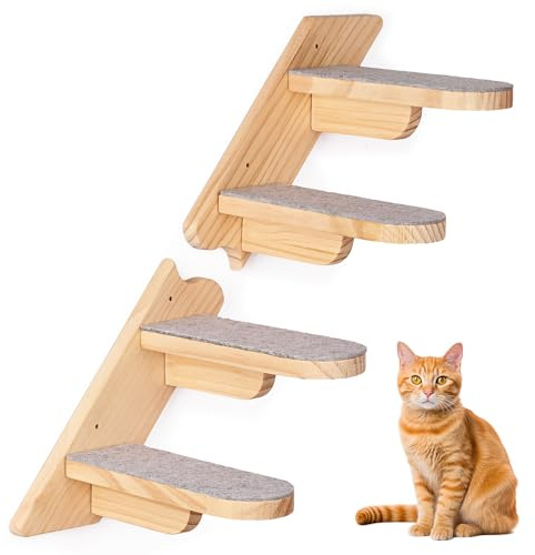 Wall Mounted Cat Shelf - Wooden Four Step Stairway with Plush Cover for Climbing, Sleeping and Playing