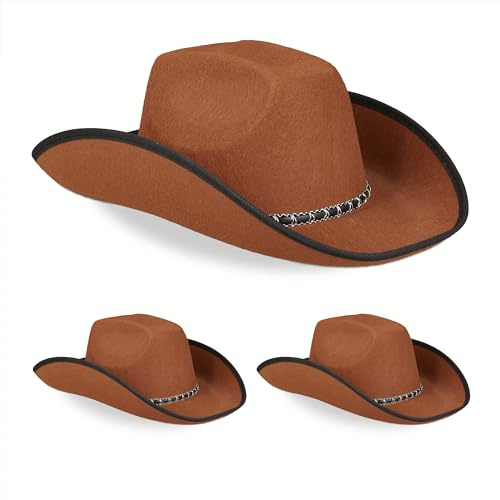 Relaxdays Cowboyhatt, set om 3, västernhatt, kvinnor och män, västerländsk stil, karneval, för vuxna, brun