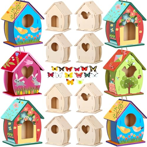 Outus 24 Pcs Wooden DIY Birdhouse Kits for Kids to Build, 4 Shapes Birdhouse Kit Wooden Unfinished with Butterfly Sticker for Boy Girl Arts Crafts(Cute)