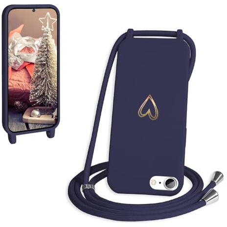 CaseLover Handyband für iPhone 8/7/SE 2022/2020 Hülle mit Band, Navy Blau | Herz Muster, Silikon Necklace Handyhülle mit Abnehmbar Kordel zum Umhängen, Stossfest Bumper Handy Schutzhülle Case 4.7 Zoll