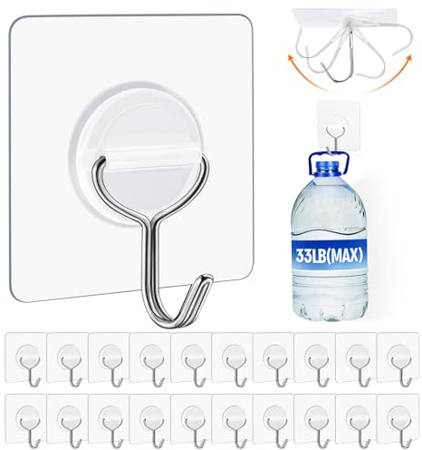 YSJNUS Adhesive Wall Hooks for Hanging Heavy Duty 33lb(Max), Waterproof and Rustproof Transparent Self Adhesive Hooks for Bathroom Kitchen Outdoor and Home Improvement -24 Pack