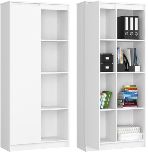 Home Collective Schrank Büroregal Bücherregal Regal weiß 80cm breit 180cm hoch, mit Tür und 4 Fächern