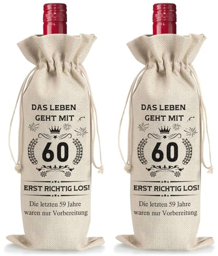 2 Stück Weinflasche Tasche Jute, Geschenke zum 60 Geburtstag Mann Frau, Weinbeutel Wiederverwendbare Wein Geschenkbeutel mit Kordelzug Wein Geschenktasche Weinflaschen Geschenktüten für Sektflaschen