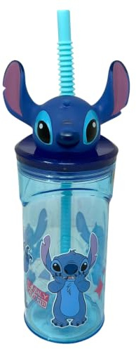 CARTOON Vaso con pajita Stitch Disney 360 ml taza reutilizable con tapa y figura 3D botella para niños y adolescentes antigoteo 23 x 7,5 cm