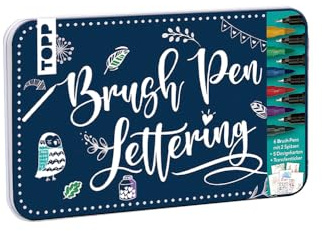 Brush Pen Lettering Designdose: Dose (19 x 11,5 cm), 6 Brush Pens mit Fineliner-Spitze in Rot, Gelb, Grün, Lila, Blau, Schwarz, 5 Design Paper, 2 Transferstickerbogen (Designdosen Stiftesets)