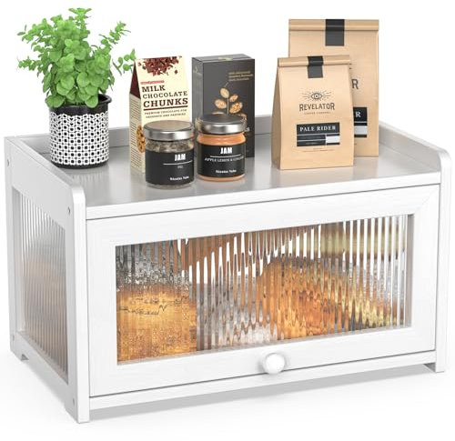 BAMBANG Bamboo Bread Bins for Kitchen, Wooden Bread Box Storage Container Box with 3 Sides Wavy & Back Clear Window, Large Breadbin Breadbox for Homemade Bread, White