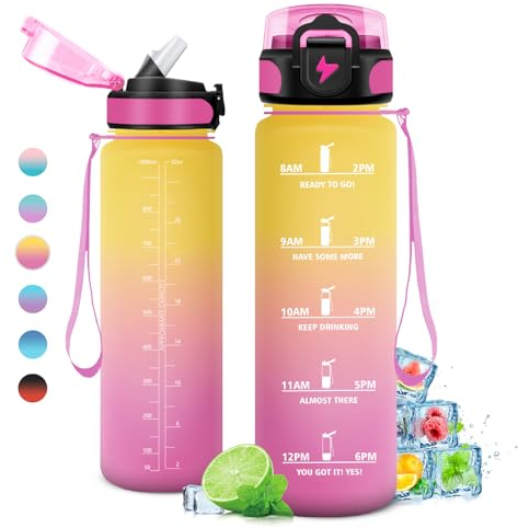 Borraccia Motivazionale 1L, Borraccia Sportiva con Cannuccia, Senza Perdite, Borraccia Palestra con Indicazione del Tempo, 1 Clic Aperto, Bottiglia Acqua senza BPA, Palestra, Corsa, Yoga, Ufficio, Gym