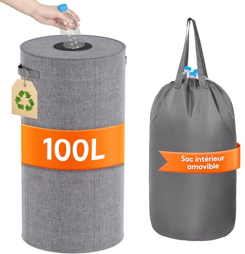 Lifewit 100L Kreis Pfandflaschen Sammelbehälter mit Deckel, Großer Pfandflaschen behälter für die Leergutaufbewahrung, Flaschensammler mit Loch Küchenaufbewahrungsraum Flaschentasche, Grau