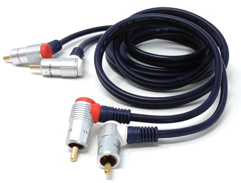 DRUT 1.5m Twin 2 x RCA to RCA Right Angle Audio Cable | Durable, reliable connectors. No drivers needed, plug & play. Great for turntables, amplifiers, TVs, and home Hi-Fi systems.