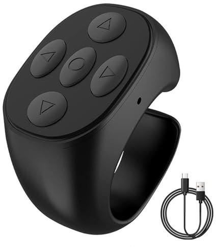 Kabellose Bluetooth-Fernbedienung per Fingertipp, Bluetooth Fernbedienung, Fingerspitzen Seitenwender Scrolling Ring Wiederaufladbares Selfie Kamera Fernauslöser für Handys und Tablets (Schwarz)