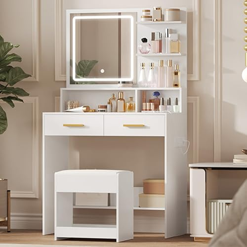 Hzuaneri Dressing Table with Adjustable LED Lights, Vanity Table with Soft Dressing Stool, 2 Drawers, Open Organisers,Rechargeable AC Socket and USB Port, for Bedroom, Cloakroom, White DT32903XUK