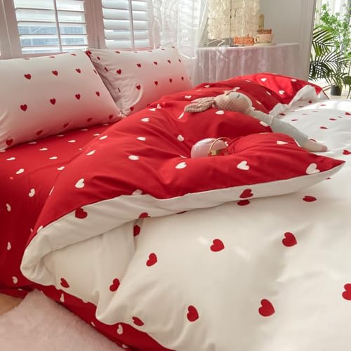 Freyamy Herz Bettwäsche 135x200 Herzen Weiß Rot Herzchen Bettwäsche Set | Aesthetic Wendebettwäsche, 2teilig Bettwäsche-Sets, Microfaser ÖKO-TEX Bettbezug mit Reißverschluss und 1 Kissenbezug 80x80cm