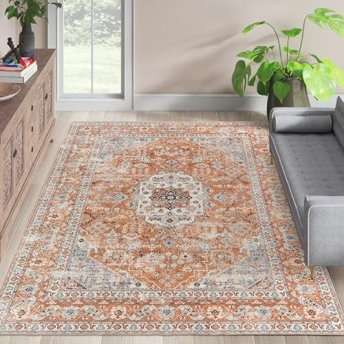 Taleta KALU Washable Rugs Living Room Large Orange Non Slip Vintage Oriental Area Rug Soft Short Pile Carpet for Kitchen Dining Room Bedroom (Orange, 120 x 170 cm)
