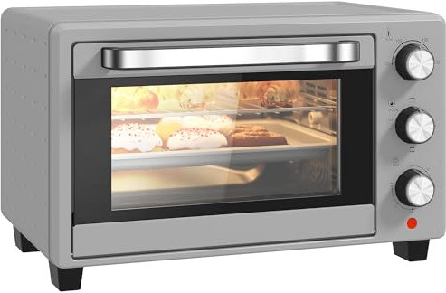 HOMCOM Mini Oven, 21L Countertop Electric Grill, Toaster Oven with Adjustable Temperature, Timer, Baking Tray and Wire Rack, 1400W, Silver Tone