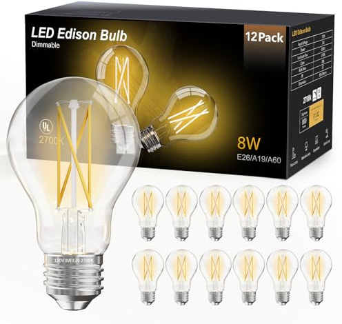 DAYBETTER 12 Pack A19 Vintage LED Edison Bulbs, 60W Equivalent, Dimmable, High Brightness 2700K Warm White, 800 Lumens, 8W E26 Standard Base, CRI80+, Clear Glass Filament Bulb for Living Room