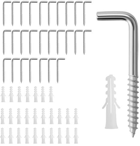 DAVIDJAMESCLARKE Lot de 27 vis à crochet, crochets à vis, crochets à vis solides en acier inoxydable, crochets à visser pour un montage mural fiable – Idéal pour les bricoleurs et décorateurs | M3,8 x
