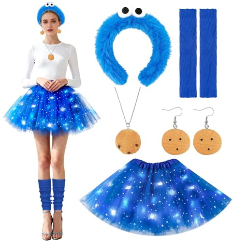 Amazluck Monster Kostüm Damen Mädchen, Karneval Lustige Kostüme mit Glühendem Blauem Tüllrock Haarreif Halskette Ohrring Blaue Beinstulpen, Blauer Rucksack für Fasching Halloween Cosplay