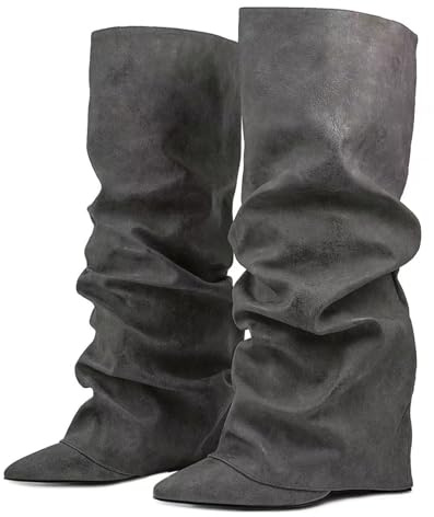 Ceciloroda Fold Over Bottes Slouch Talons Blocs Dressy Bottes au Genou pour femme Shark Bottes Bout Pointu Wide Calf Pull on Pleated Fall Chaussures Black Size 37
