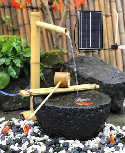 Fontana Solare in bambù, Fontana Ad Energia Solare con Pompa, Fontana da Giardino Esterno Zen Feng Shui Decorazione per Giardino All'aperto, Laghetto da Giardino H80cm