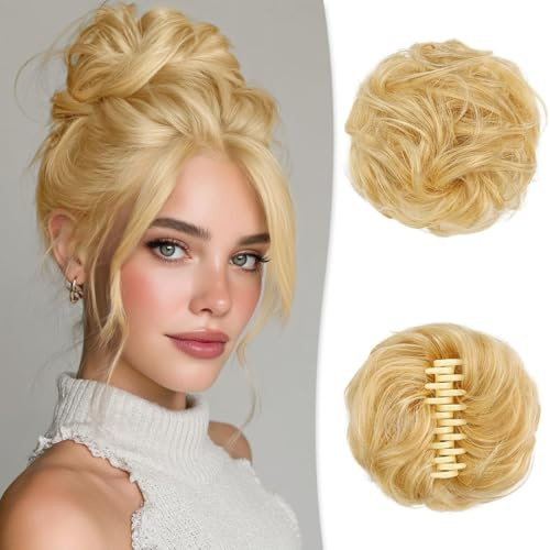 RUWISS Claw Clip Messy Bun Großes Haarteil Echthaar Wellig Lockig Haardutt Chignon Bun Extensions Krallen Clip Haar Scrunchies für Damen Frauen, Helles Goldblond mit Bleichblonden Strähnchen