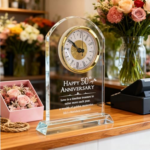 Aisny 50. Hochzeit Geschenk, Jahrestag Geschenk mit Quarzuhr Goldene Hochzeit Geschenke Goldenen Schreibtischuhr Dekorieren 50 Jahre Ehe Geschenke für Großeltern Eltern