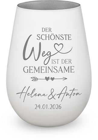 Windlicht Hochzeit mit Gravur Hochzeitsgeschenk gemeinsamer Weg Weiß Silber | Wunschnamen und Datum, Brautpaar, Geschenk für Paare, Valentinstag, Jahrestag, Verlobung, Silberhochzeit