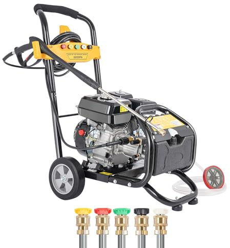 MEHOOSPVN Limpiadora de alta presión a gasolina, limpiador de terrazas, 170 bar, motor de cuatro tiempos de 7.5HP, 3400RPM Lavadora portátil, incluye cinco boquillas. Puede usarse para la limpieza de