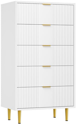 Garvee Kommode Mit 5 Schubladen, Komodenschrank, Schubladenschrank, Wäschekommode, Für Schlafzimmer Möbel Für Wohnzimmer Büro Flur,Weiß,60 x 40 x 112 cm