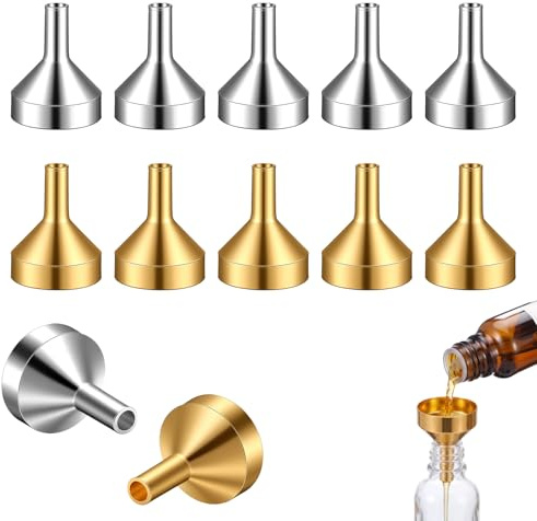 DOPENSPI 10 Stück 1.8×2.3cm Trichter Klein Set, Metall Mini Trichter | zum Umverpacken von Parfums ätherischen Ölen Gesichtswassern Lotionen und Anderen Flüssigkeiten(Gold + Silber)