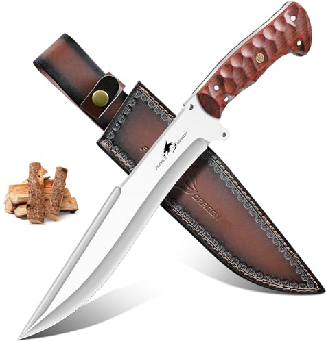 Purple Dragon Großes Outdoor Messer mit Holzgriff und Scheide - D2 Stahl | Aus einem Stück D2 Stahl geschmiedet, durchgehender Holzgriff, passende Scheide, Jagd Bushcraft Camping, Geschenk für Männer