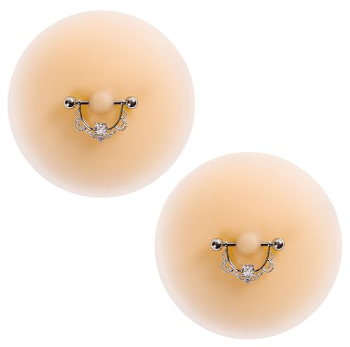 BAUCH 1 Paire de Faux Piercing Teton Femme en Silicone, Cache Tetons avec Dentelle et Strass Blancs, Bijoux Mamelon Sans Piercing Réutilisables, Accessoire Lingerie Sexy, 7cm