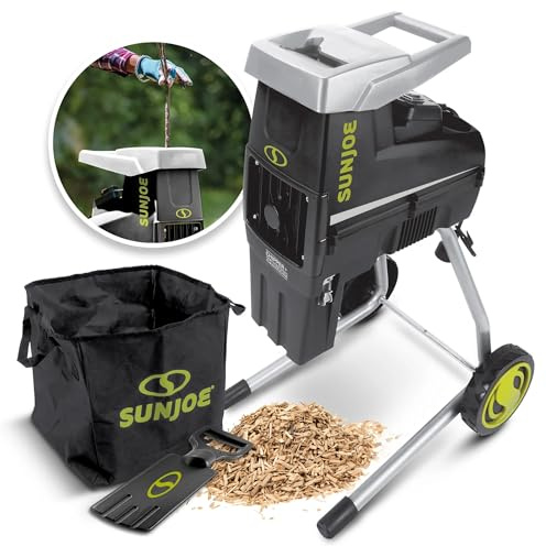 Sun Joe Wood Chipper Shredder and Waste Shredding Machine w/Collection Bag, 1.7-Inch Cutting Diameter, 15-Amp Motor - Portable Electric Equipment, Lawn Care CJ603E