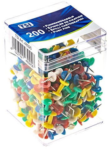 TSI Pinnwandnadeln Standard 200er Packung, farbig Sortiert, in der praktischen Aufbewahrungsbox, Art.Nr. 48925