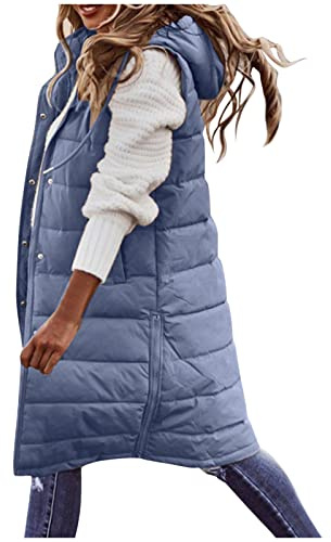 HHMY Lange Steppweste Damen - Leichte Steppweste Mit Kapuze Schlanke Weste Jacke Winter Steppjacke Ärmellose Kapuzenweste Tragbare Steppmantel Winddichte, S - 5XL