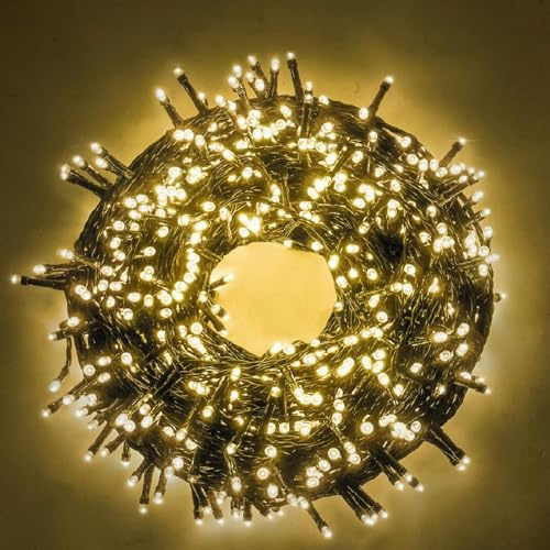 Luci LED Natalizie da Esterno/Interno, 5mm, Cavo Verde, 8 Modalità, Controller 31V con Memoria, IP44 (Bianco Caldo, 15M 300LED)