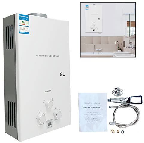 LPG Hot Water Heater 8L 16KW Portable Instant Propane Gas Water Heater Stainless Steel Tankless Boiler LED Display White w/Shower Kit for Home Apartment Camping Outdoor Garden Use