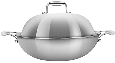 YYUINU Stainless steel pan, double ear frying pan, suitable for frying and braising, with lid diameter 30 cm