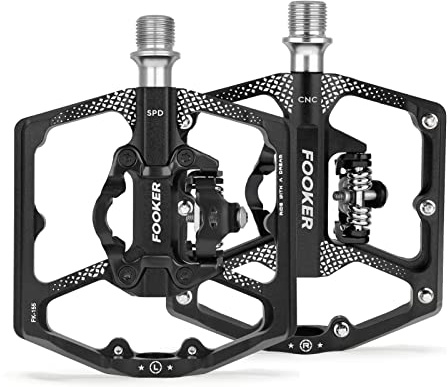 FOOKER MTB Mountain Bike Pedals, Dual Function Flat and Pedal,3 Sealed Bearing Flat Platform Compatible with Clipless Pedal Aluminum 9/16 Pedals with Cleats for Road Mountain BMX MTB