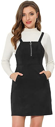 Allegra K Damen Ärmellos Quadratisch Ausschnitt Reißverschluss vorne Elegant Latzkleid Kleid Schwarz S