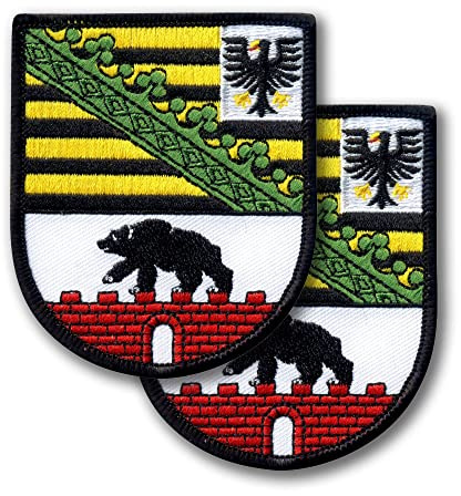 Sachsen-Anhalts vapensköld - Tyskland - set med två - broderad lapp/märke/emblem - 6,9 x 7,9 cm (2,7 x 3,1 tum) - VeIcro-baksida - krok och ögla
