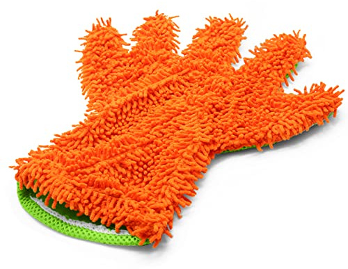 BokWin 1PCS Car Wash Mitt Scratch Free, 5-Finger Microfiber Wash Mitts, Car Interior Exterior Cleaning Gloves, Auto Chenille Washing Sponge Kits for Cleaning Wheel Tight Spot(Orange)
